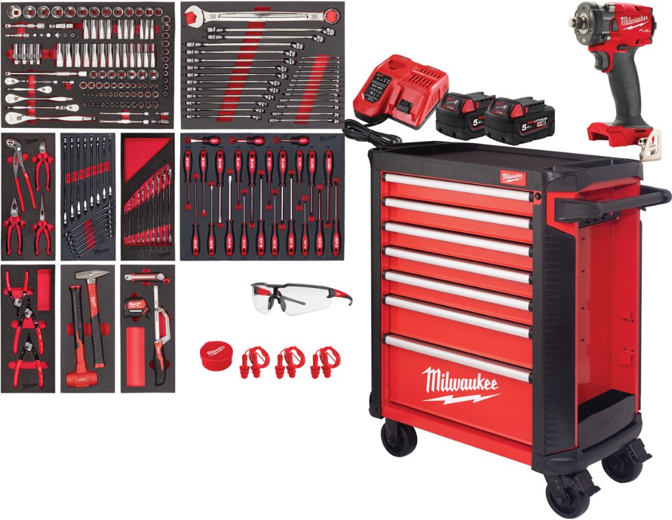 Værktøjsvogn med 246 værktøj, 7 skuffer. Milwaukee