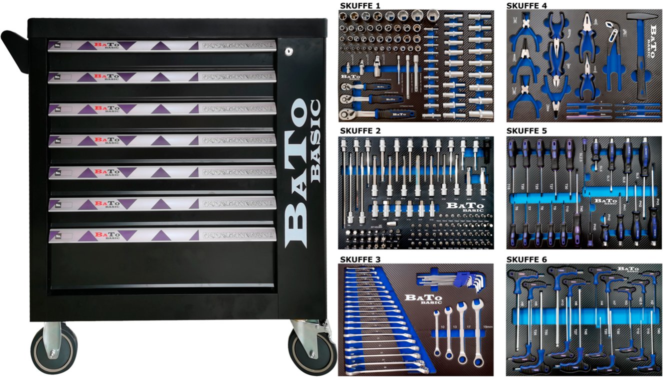 Værktøjsvogn med 270 værktøj, 7 skuffer. Bato
