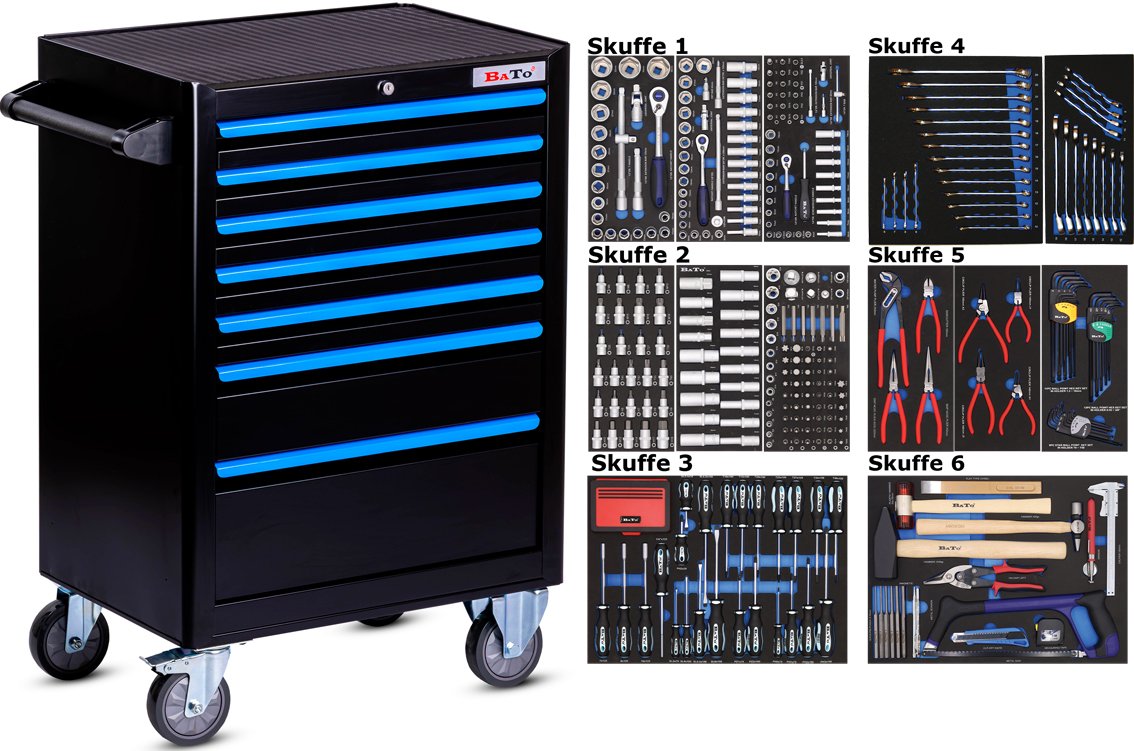 Værktøjsvogn med 468 værktøj, 7 skuffer. Bato