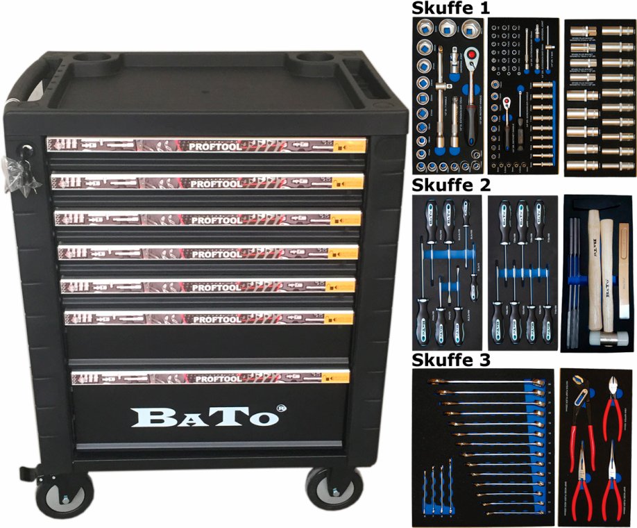 Værktøjsvogn med 132 værktøj, 7 skuffer. Bato