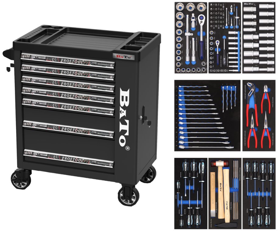Værktøjsvogn med 132 værktøj, 7 skuffer. Bato