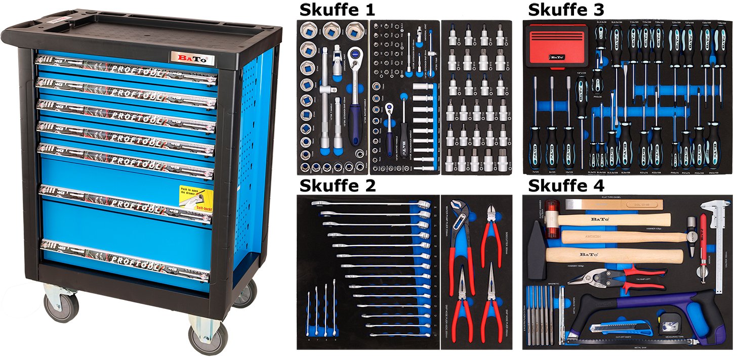 Værktøjsvogn med 260 værktøj, 7 skuffer. Bato