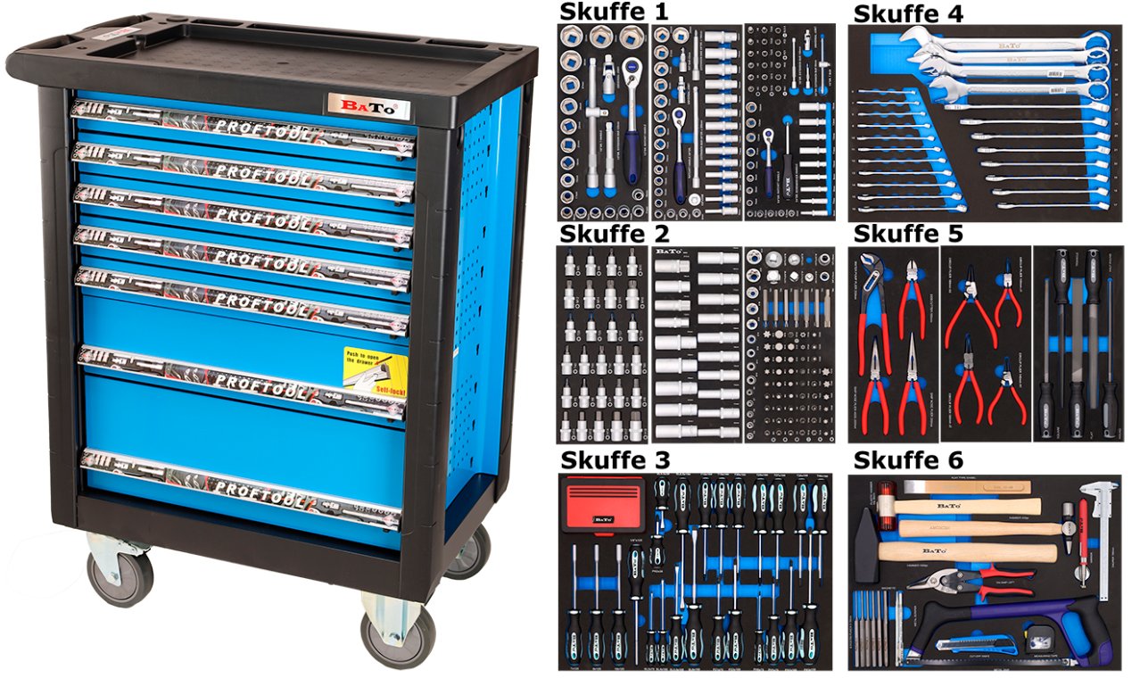 Værktøjsvogn med 435 værktøj, 7 skuffer. Bato