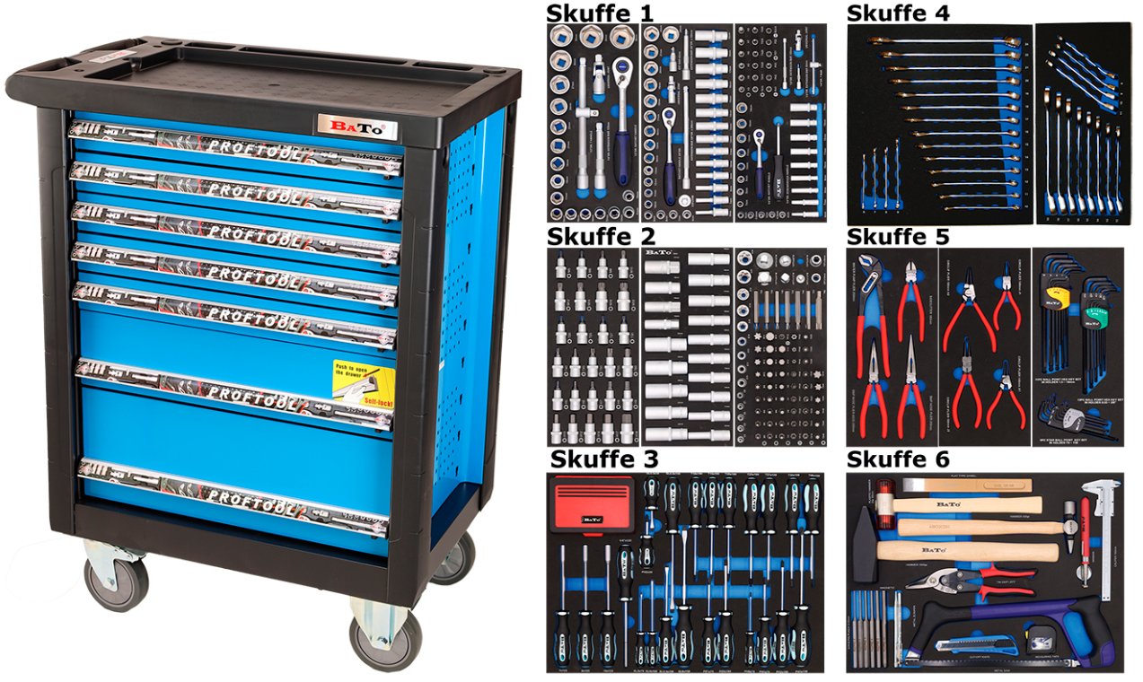 Værktøjsvogn med 468 værktøj, 7 skuffer. Bato