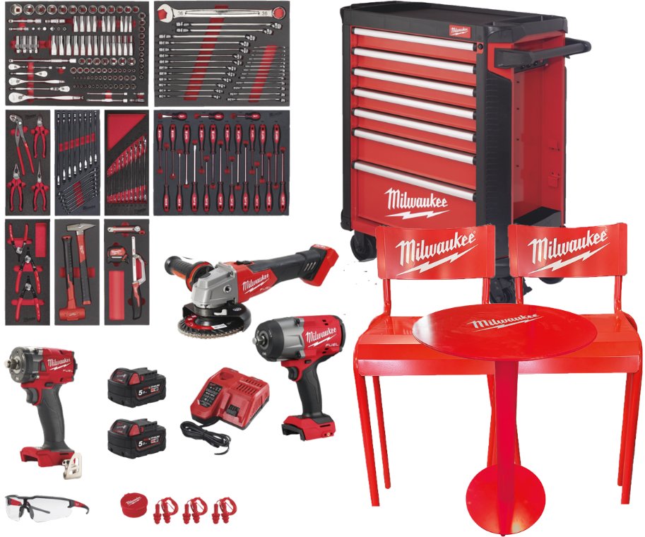 Værktøjsvogn med værktøj, vinkelsliber, slagnøgle, cafesæt. Milwaukee