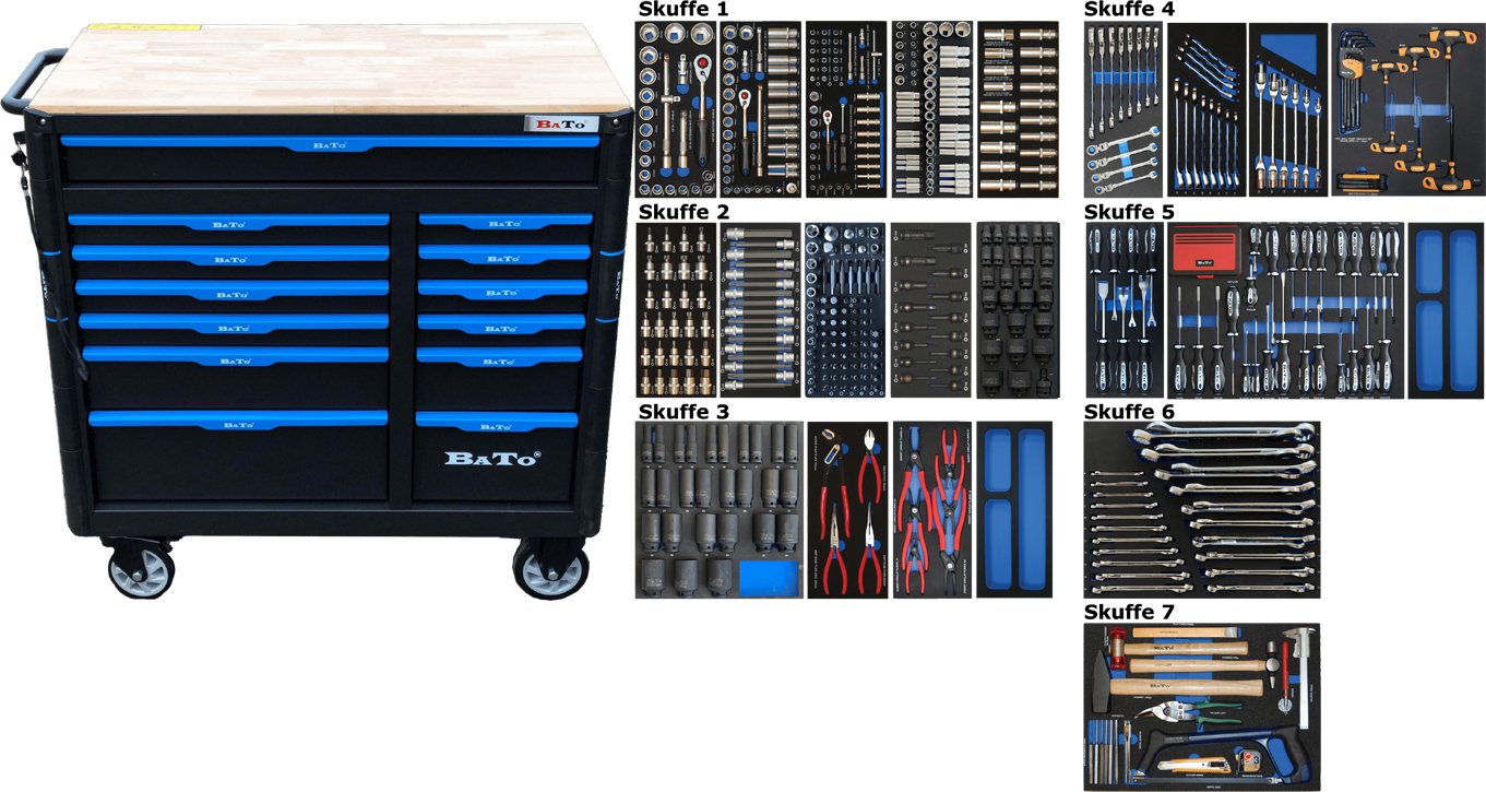 Værktøjsvogn med 560 værktøj, 9 skuffer. Bato