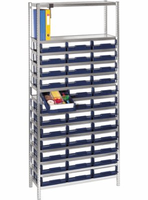 Reol med 36 plastkasser. Raaco