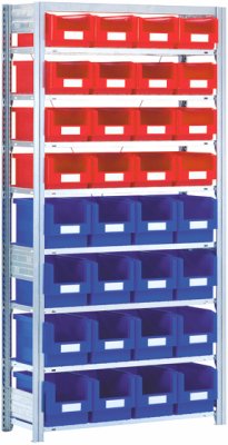 Lagerreol med 32 kasser. Bito