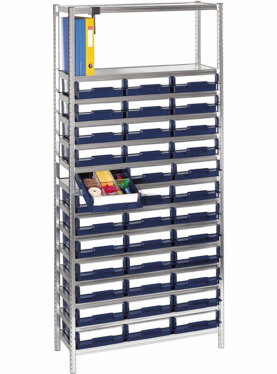 Reol med 36 plastkasser. Raaco