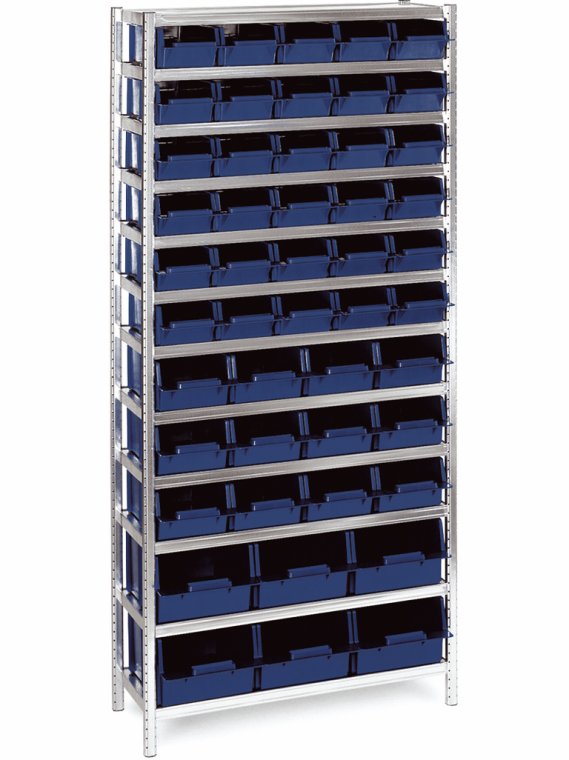 Reol med 48 plastkasser. Raaco