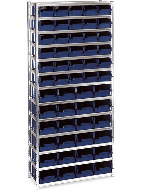 Reol med 54 plastkasser. Raaco