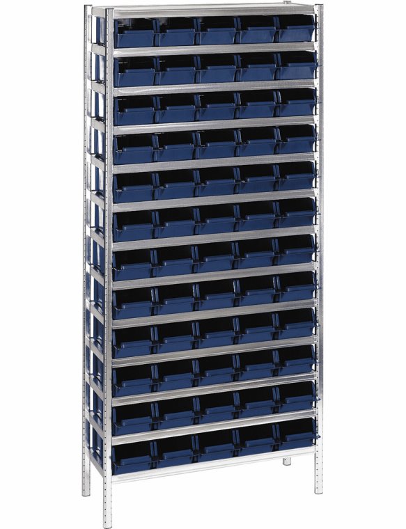 Reol med 60 plastkasser. Raaco