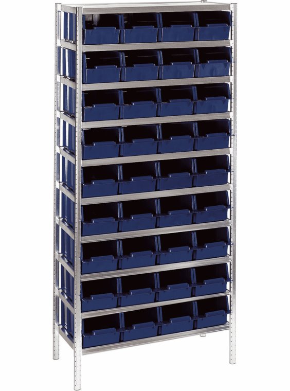 Reol med 36 plastkasser. Raaco