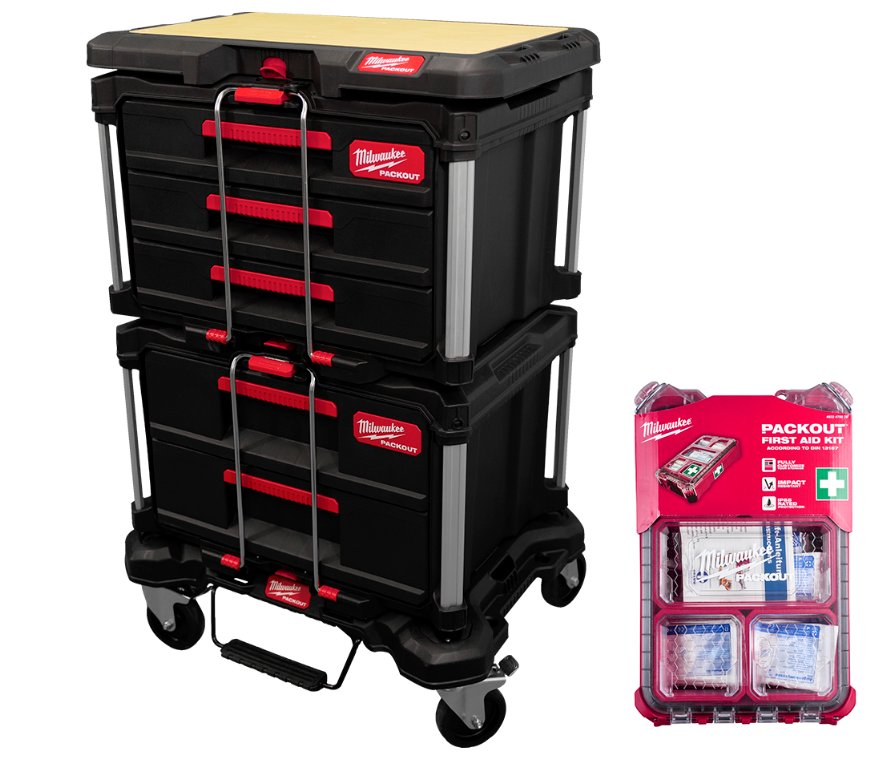 Transportkit 4 dele Packout + førstehjælpskasse. Milwaukee