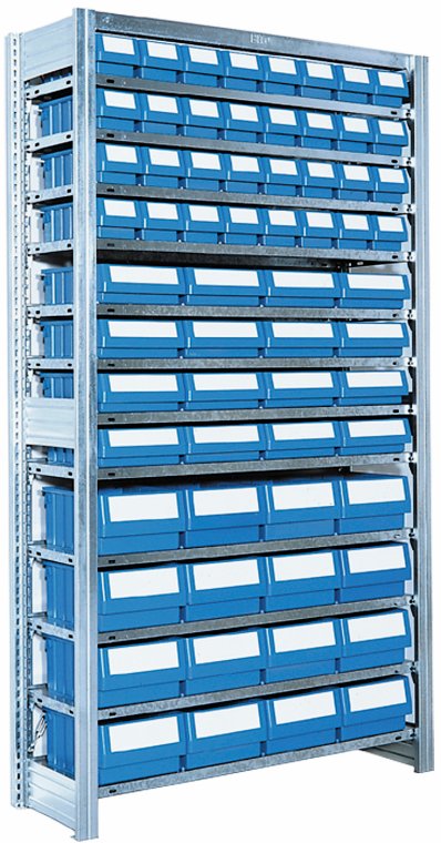 Reolsystem med 64 lagerkasser. Bito
